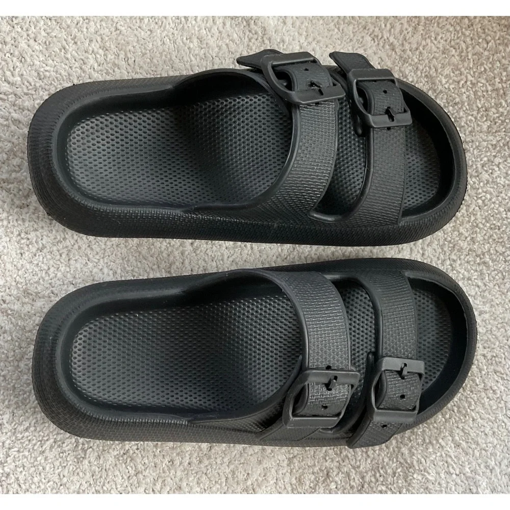 Kids Black Double Buckle Slides Sandals Beach‎ Pool Comfort Slides Size 36-37